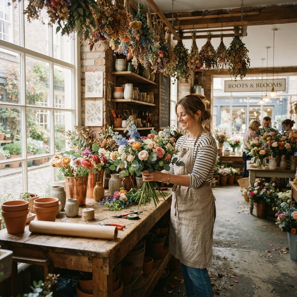 Interior of the Petalsforyou flower studio with a florist arranging fresh flowers at a wooden workbench